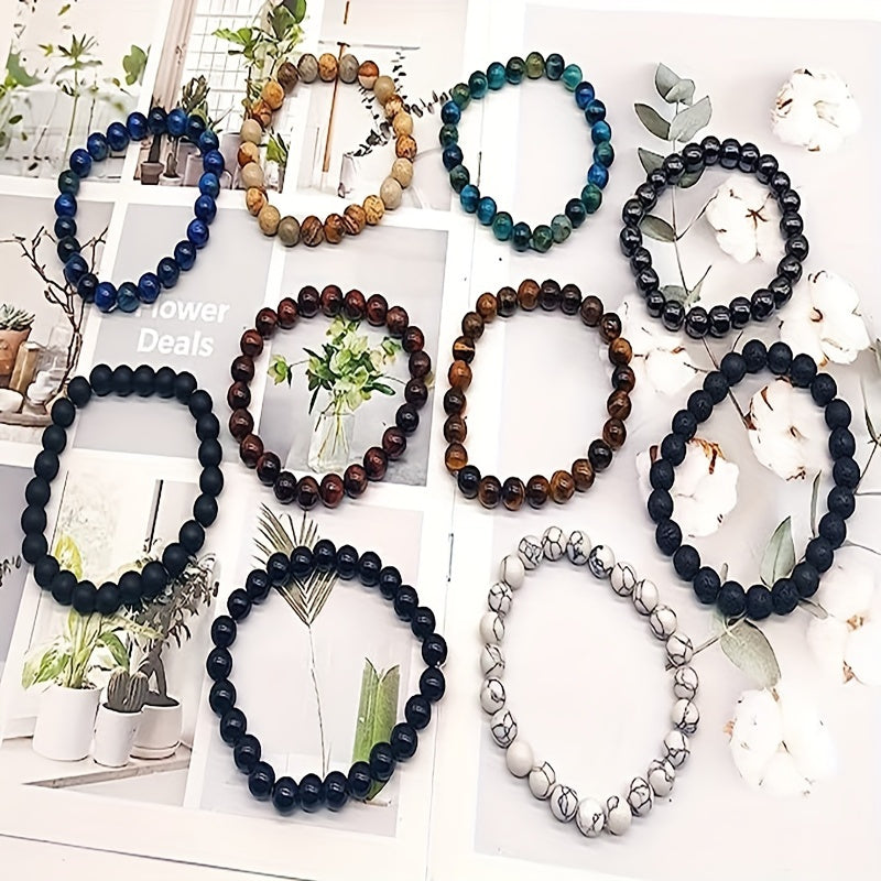 10-Piece 8mm Natural Stone Stretch Beaded Bracelet Set Unisex Stackable Round Bead Vintage Style Men Women Holiday Gift