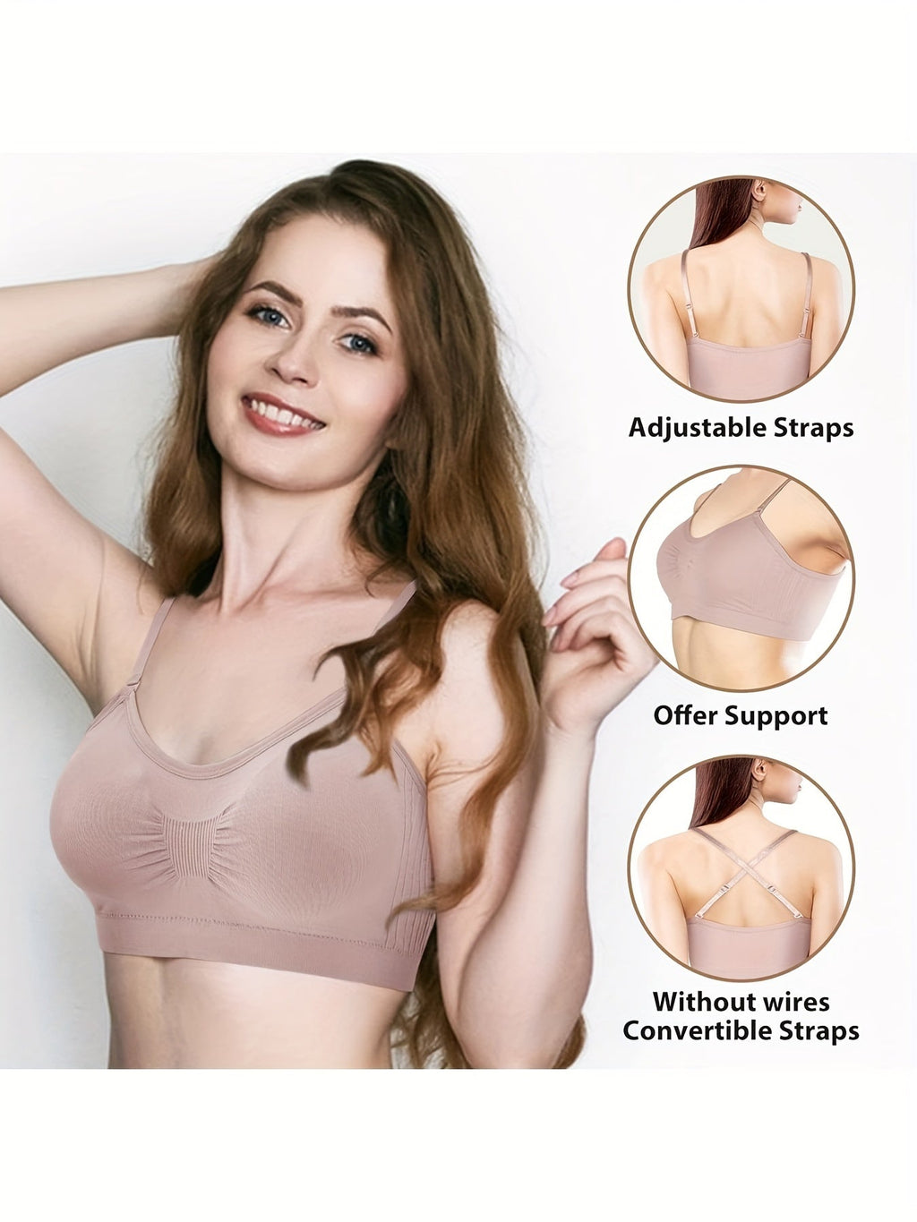 V-Neck Padded Bralette Cami Bra 4 Pack – Wireless Tank Top Sports Bra with Adjustable Straps for Women, Soft Padded Everyday Bralette Set, Sizes S-XL, Colors Rust, Beige, Green, Blue