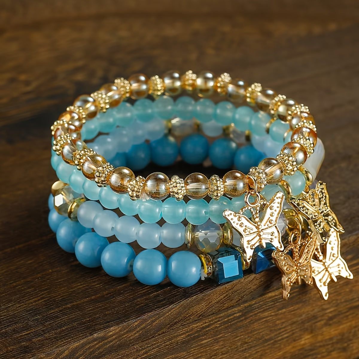 Butterfly Beaded Bracelet Set for Women Boho Stackable – 4 8 16pcs Sparkle Multi-Layered Elastic Charm Bracelets, Bohemian Wrist Jewelry Perfect Birthday Holiday Gift for Her