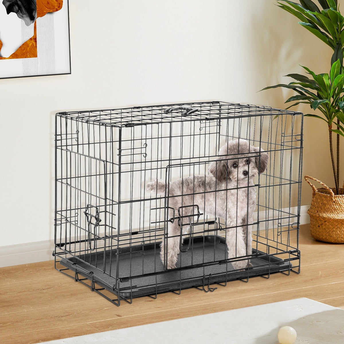 Folding Wire Dog Crate with Divider & Leak-Proof Tray – Double Door Collapsible Metal Kennel for Small, Medium & Large Dogs, Indoor, Outdoor & Travel Use