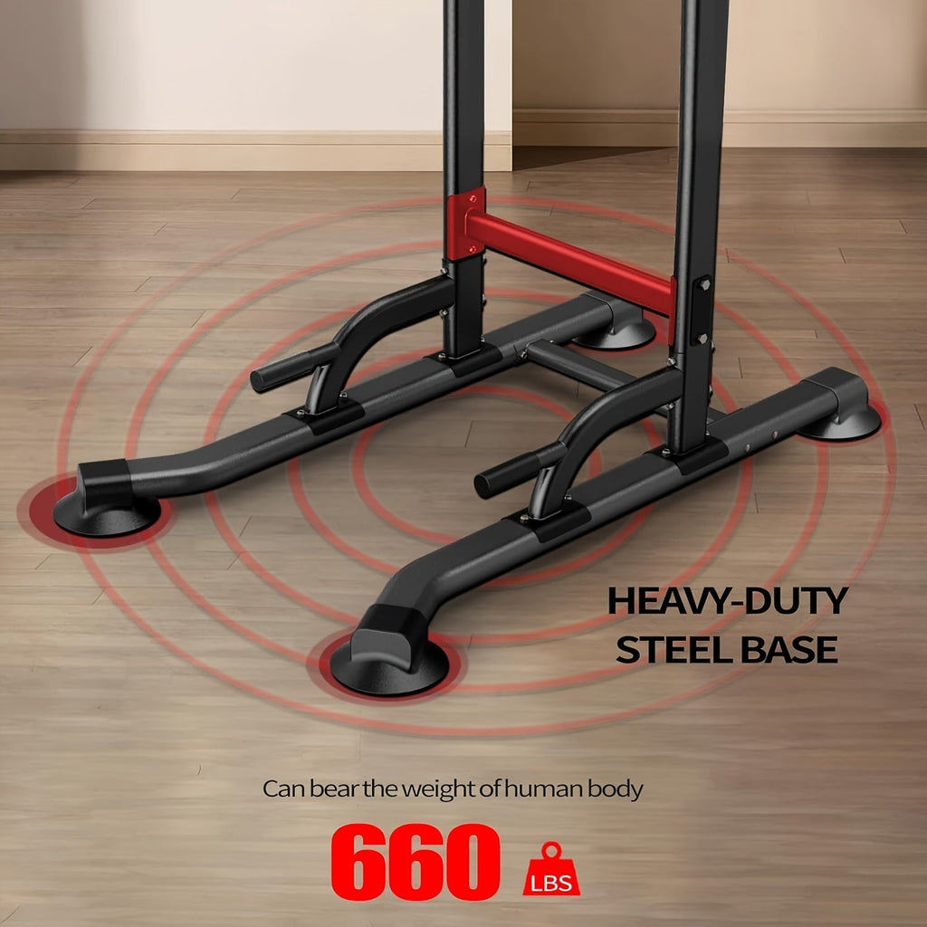 Adjustable Height Power Tower Dip Station – Multi-Function Pull Up Bar, Strength Training Workout Station for Home Gym – Black T055KX, No Backrest & Red T055CDU Models