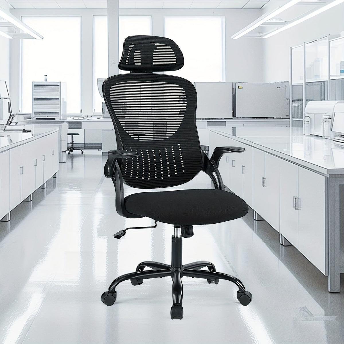 Ergonomic High Back Mesh Office Chair with Adjustable Headrest, Lumbar Support & Flip-Up Armrests – Stainless Steel Frame, Padded Seat, 5-Wheel Rolling Base – Home Office, Lab & Desk Chair (Black/Gray)