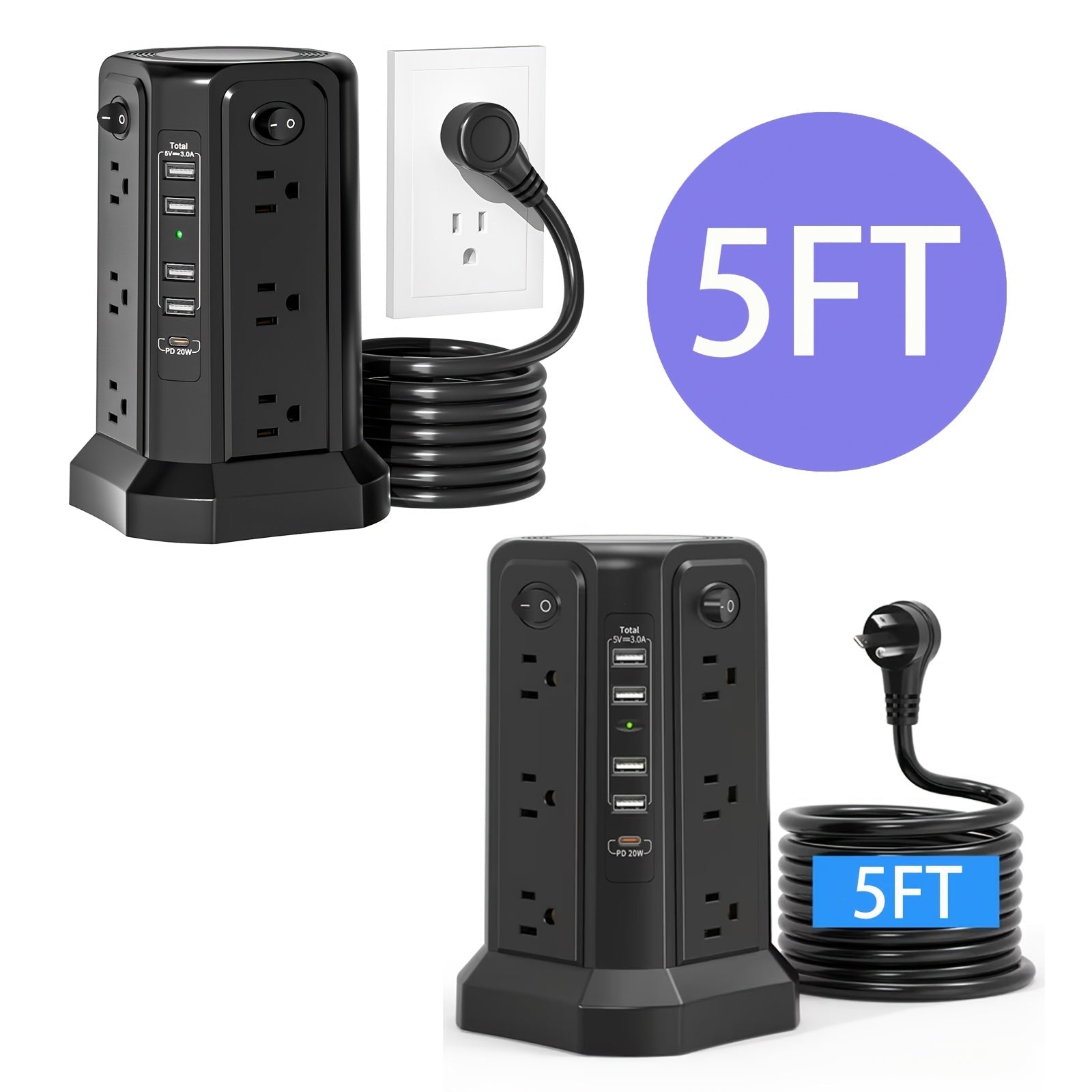 Power Strip Tower 16 AC Outlets 5 USB Ports USB-C PD20W Fast Charging 1500J Surge Protector Flat Plug Desktop Extension Cord for Home Office Dorm Room Workstation 10 Style Options