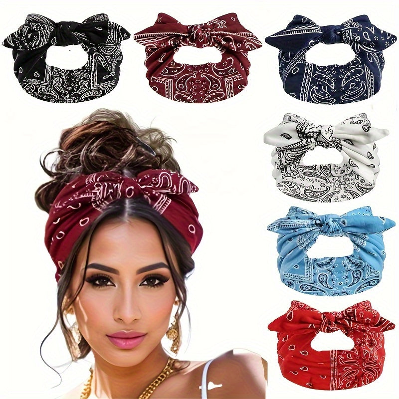 6-Pack Bohemian Paisley Bow Elastic Headbands for Women – Cashew Flower Loose Elastic Headscarves 6 Colors Sky Blue Black Navy Wine Red White Red All Seasons Sports Daily Wear Gift