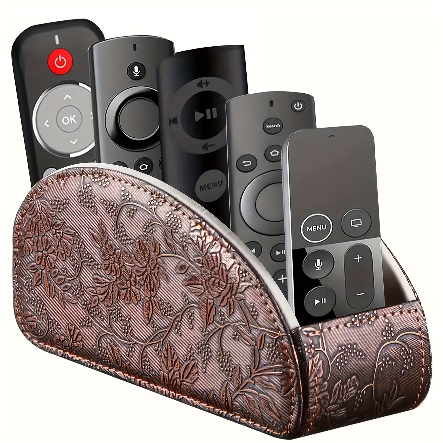 Remote Control Holder with 5 Compartments, Faux Leather Desktop Organizer Caddy for Living Room, Holds TV Remotes Pens Eyeglasses Makeup Brushes Office Stationery, Home Decor Storage Box Accessory
