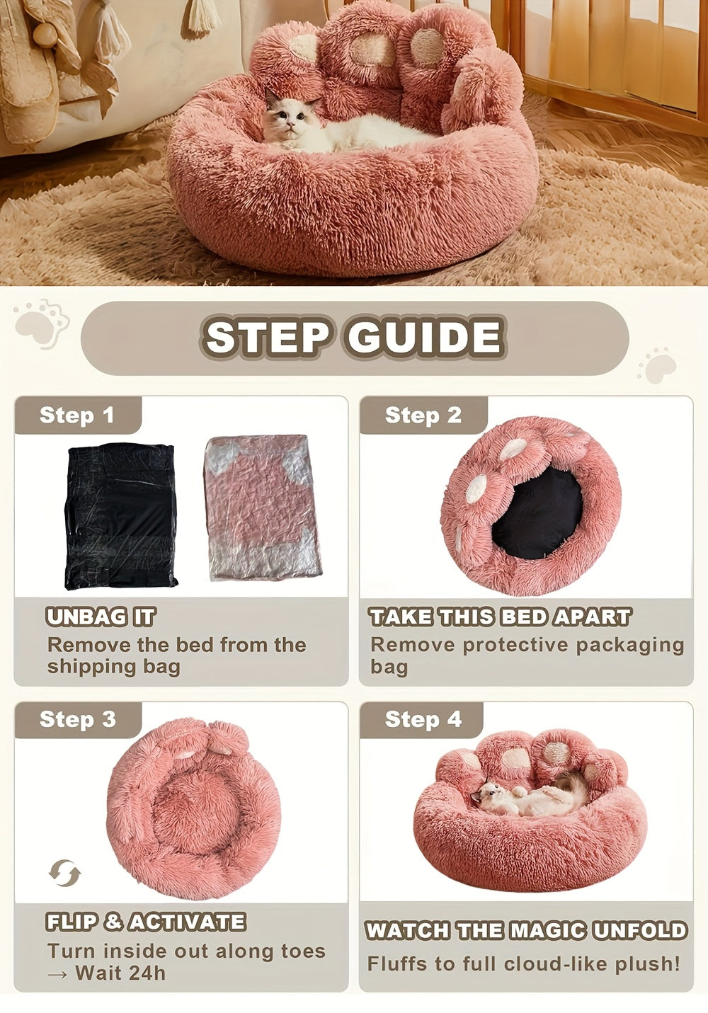 Bear Paw Plush Round Pet Bed for Dogs & Cats Soft Calming Non-Slip Cozy Puppy Bed – Small Medium Large, 20/24/28/36 Inch, Coffee Pink Gray