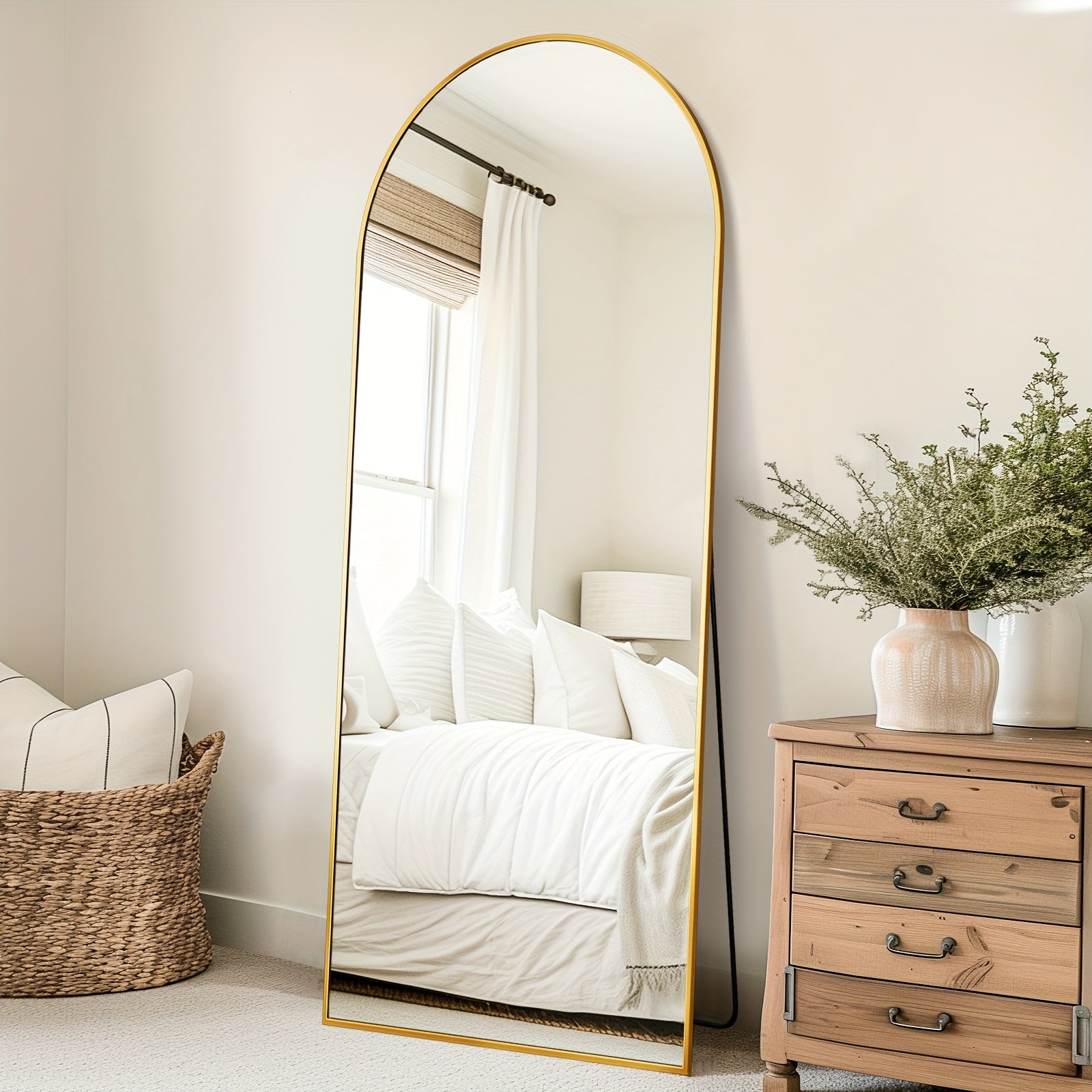 Arched Full Length Floor Mirror Freestanding Full Body Standing Mirror with Stand for Bedroom Living Room Cloakroom Wall Mountable 3 Sizes 2 Colors Black Gold