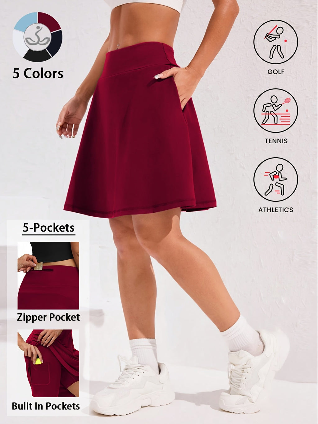 Women's 20-Inch Knee Length Skorts with 5 Pockets – High Waist Built-In Shorts Athletic Skirt for Tennis Golf Pickleball Hiking Casual Wear, Sizes S-XXL, 5 Colors Black White Navy Sky Blue Deep Red