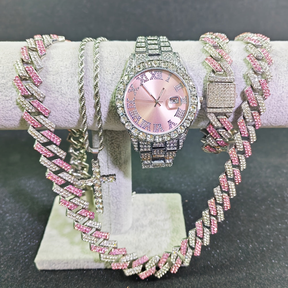 Luxury Cuban Link Jewelry Set for Men & Women – 4-Piece Necklace Bracelet Pendant Wristwatch Full Set 12 Color Options Silver Gold Pink Green Blue Hip Hop Bling Valentine's Day Christmas Gift