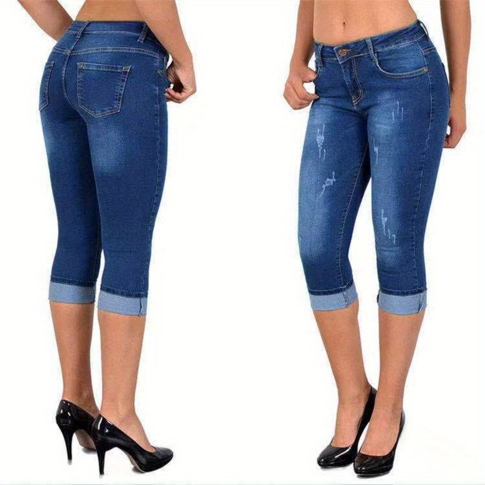 Women's Stretch Skinny Capri Jeans – Slim Fit Cropped Denim Pants with Elastic Waistband, Soft Machine Washable Fabric, Street Style Summer Casual, 3 Colors, Sizes S-XXL