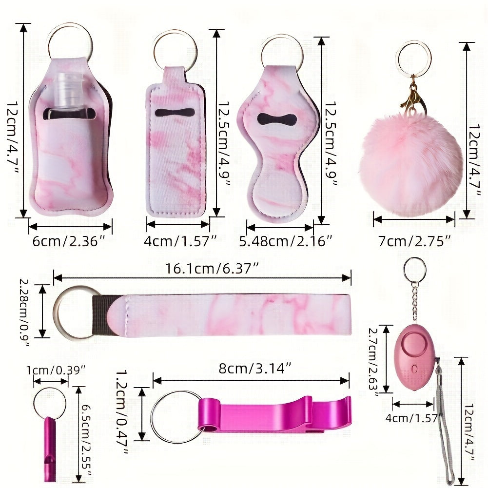 Rhinestone Keychain Set for Women 11 Piece – Multifunctional Keyring with Card Holder Pill Bottle Whistle Perfume Bottle Storage Bag & Quote Charms Gift for Her