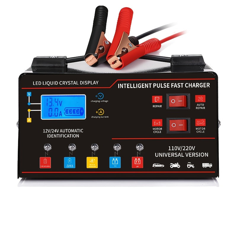 Smart Universal Battery Charger 12V 24V with LCD Screen Pulse Repair Trickle Maintainer for Car Truck Motorcycle Boat Lawn Mower Harvester – Automatic Temperature Regulation