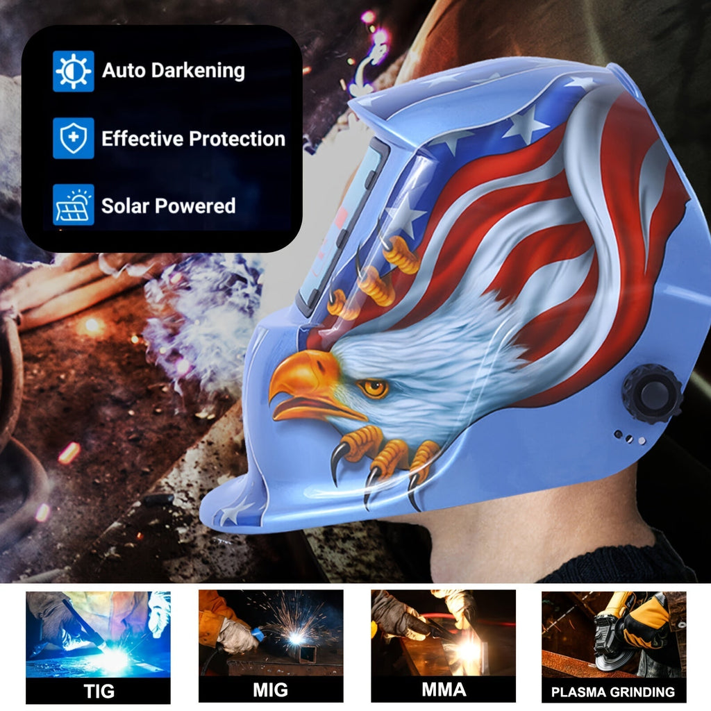 Solar Auto Darkening Welding Helmet True Color Large View Area - DIN 9-13 Adjustable Shade, 1/25000s Fast Response, Lightweight 18.3oz Welder Hood Mask for MIG TIG Arc Welding, Eagle Lightning Black Fire