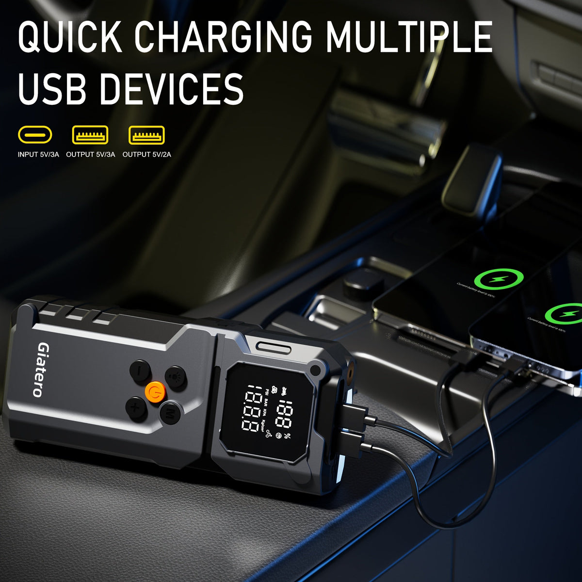 10000A Jump Starter with Air Compressor 160 PSI, Portable Car Battery Booster Pack for Gas & Diesel Engines, USB-C QC 3.0 Fast Charge, LED Flashlight, Digital Display – Giatero Q27