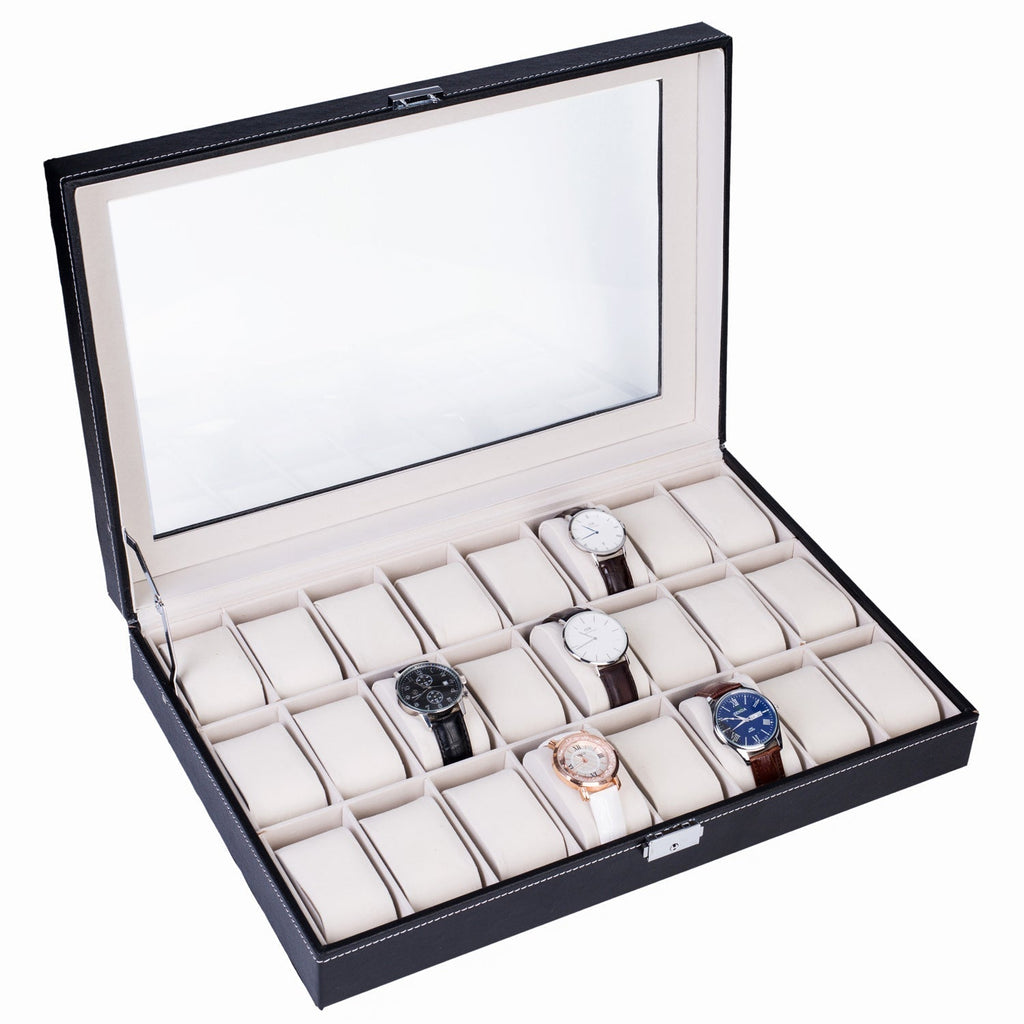 24-Slot PU Leather Watch Box Organizer Large Capacity – Top-Opening Lid Watch Display Case Cushioned Storage for Men Women Watch Collector Gift Black 43x29x8.5cm