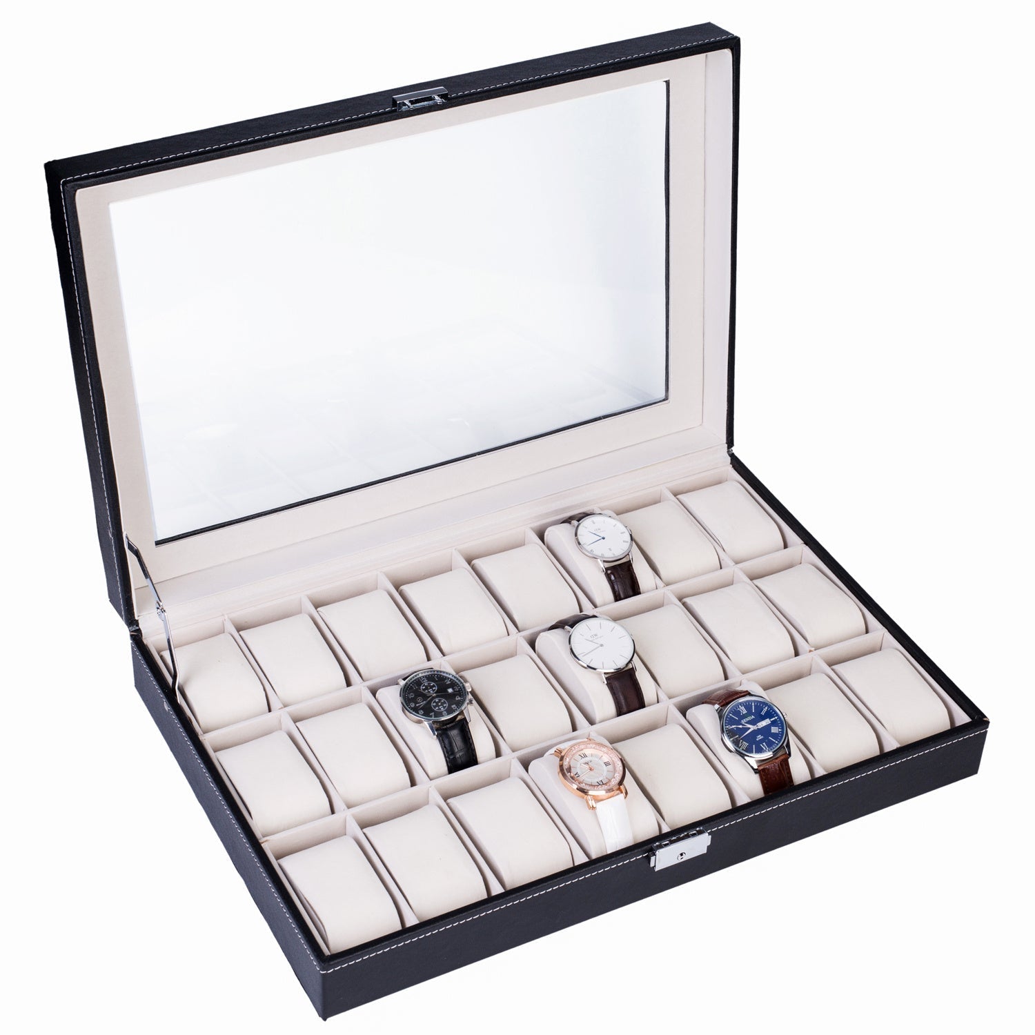 24-Slot PU Leather Watch Box Organizer Large Capacity – Top-Opening Lid Watch Display Case Cushioned Storage for Men Women Watch Collector Gift Black 43x29x8.5cm