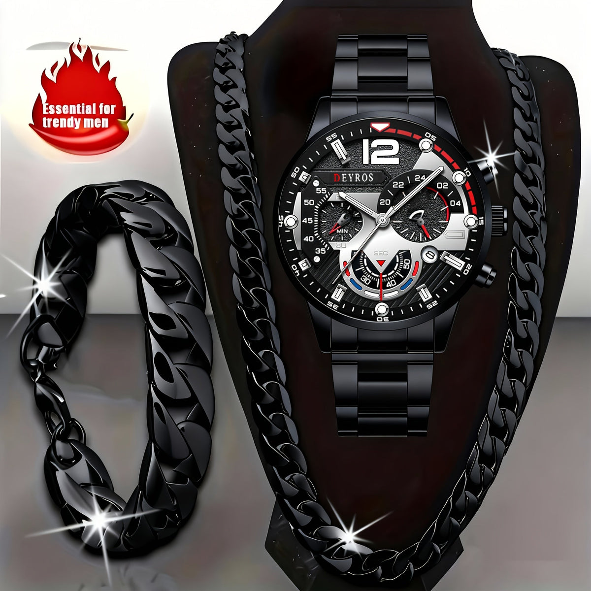 Men's 3pcs Watch Necklace Bracelet Set Luxury Analog Quartz Wristwatch Matching Jewelry Combo for Daily Wear Gift for Him Silver Gold Black