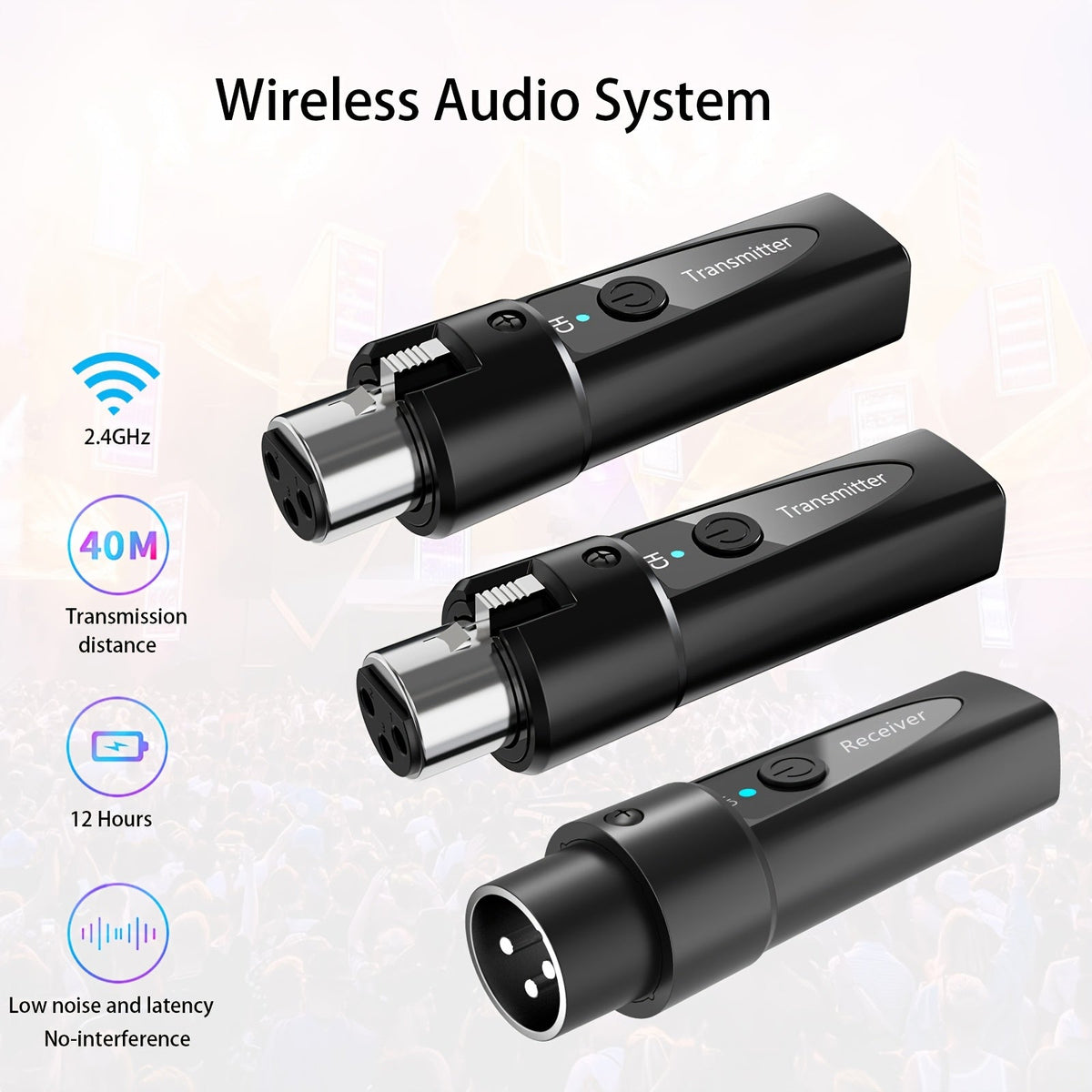 XLR Wireless Microphone System 2.4GHz – Rechargeable Plug & Play Wireless Mic Adapter with 30M Range, Low Latency, USB-C Charging for Dynamic Mics, Live Broadcasting & Guitar Audio