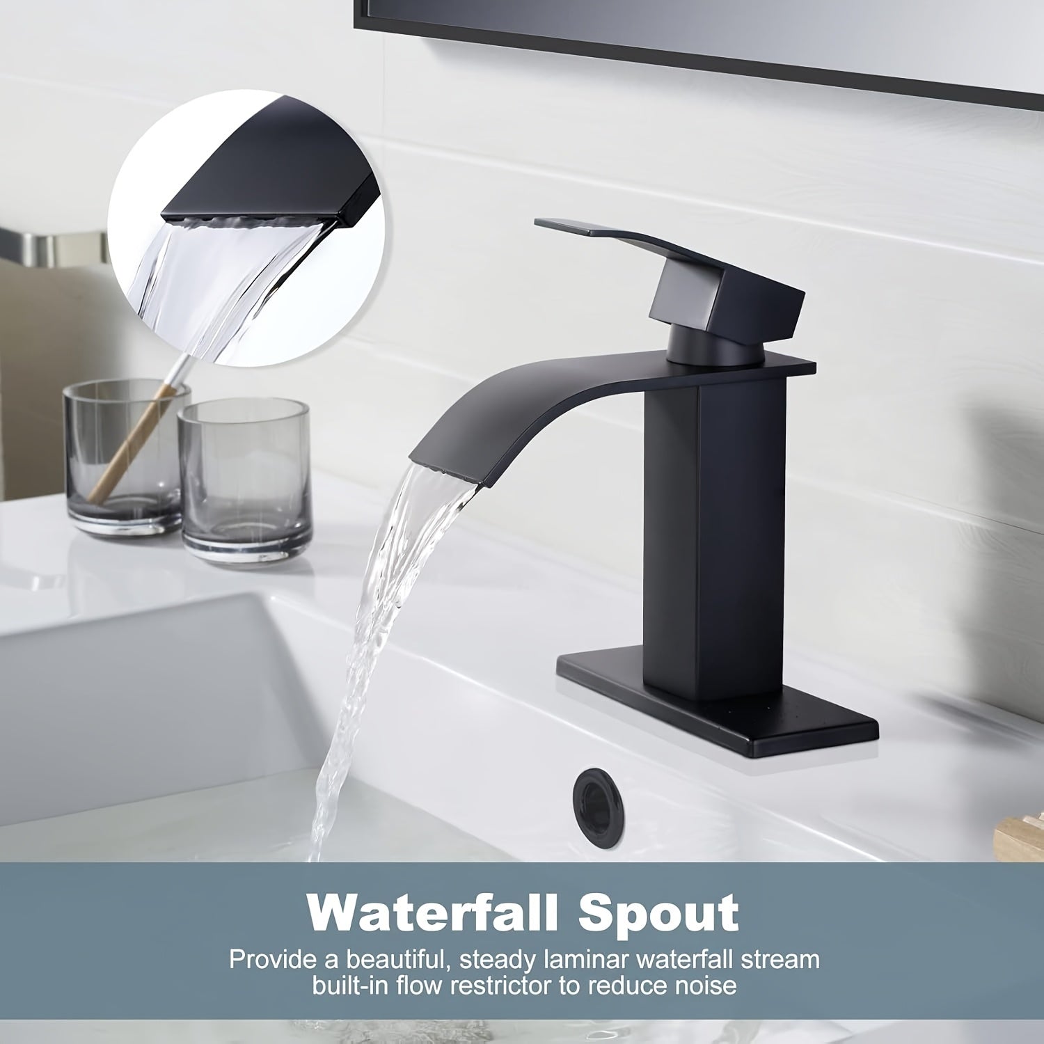 Waterfall Bathroom Sink Faucet Single Handle Hot & Cold - Universal 1 or 3 Hole Countertop Mount, RV Vanity Faucet with Water Supply Hose, Modern Design in Black, Black Gold & Silver