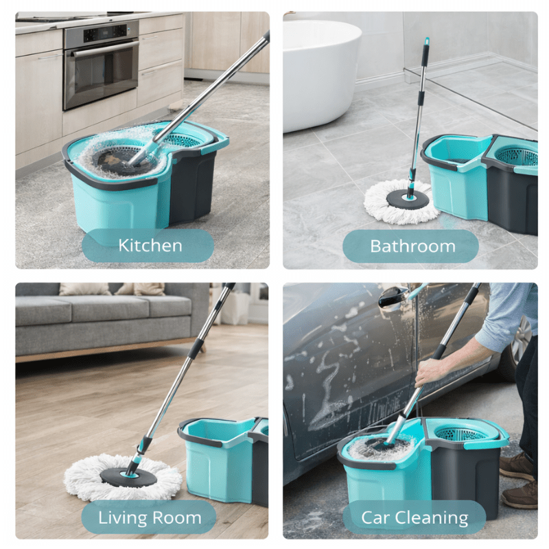 360° Spin Mop and Bucket Set with Wringer – Microfiber Mop Refills Stainless Steel Extended Handle Separate Compartment Floor Cleaning System for Hardwood Tile Laminate, Upgrade Option with 2 Refills