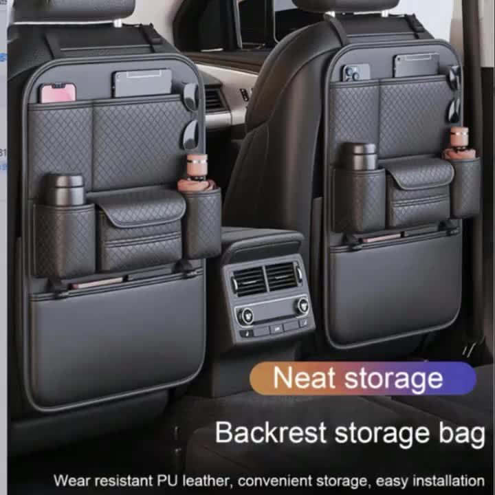 Car Seat Back Organizer PU Leather Large Capacity Multi-Pocket Backseat Storage Bag for Water Bottles Tablets Laptops – Classic Black Stylish Auto Interior Organizer for Cars SUVs Trucks
