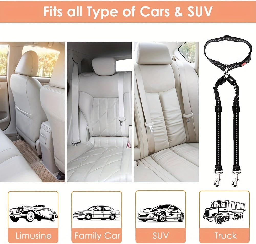 Dual Dog Car Seat Belt 2 Dogs Simultaneously No-Tangle Adjustable Bungee Headrest Clip Pet Safety Harness Small Medium Large Dogs Travel Black Red Rose Red