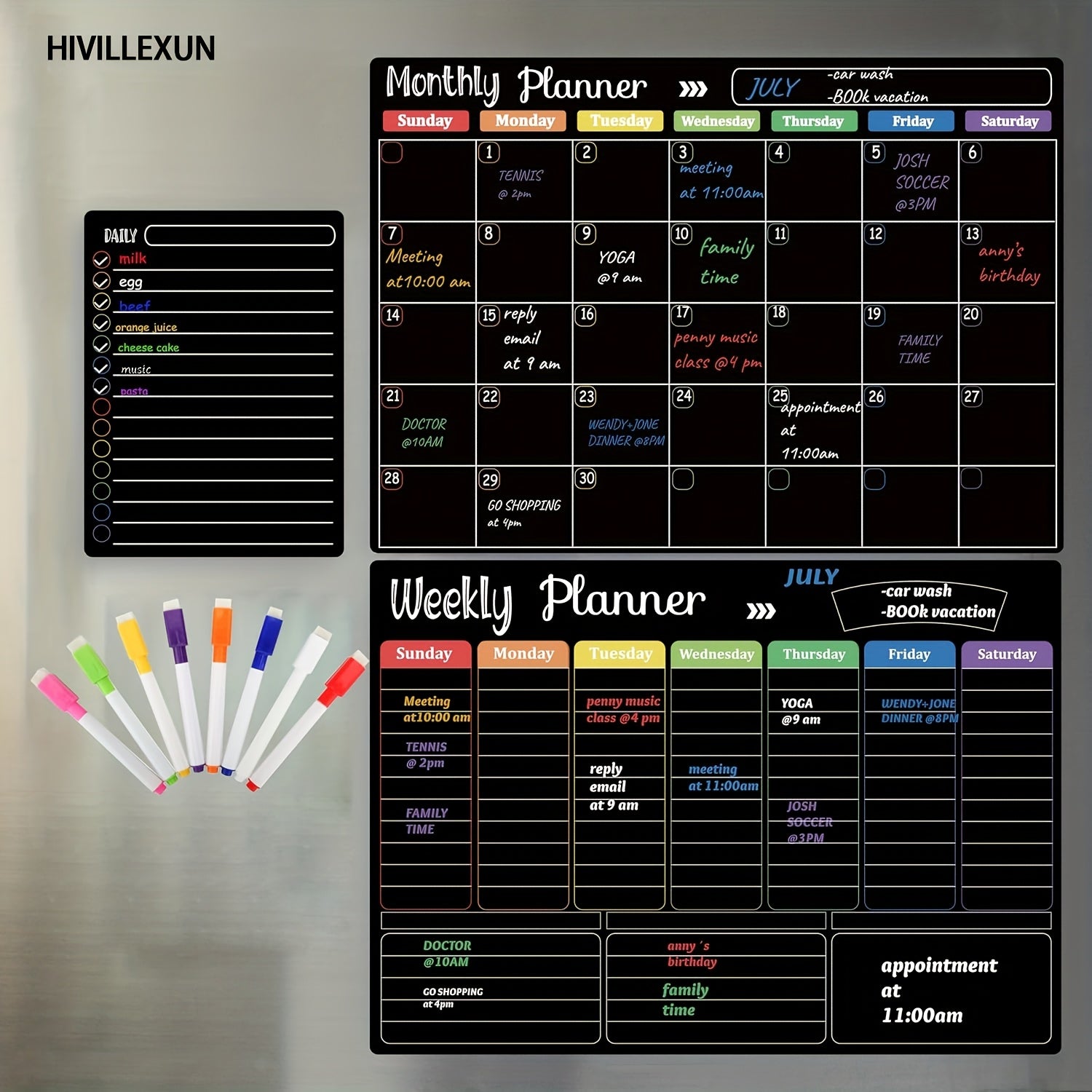 Magnetic Dry Erase Board Set of 3 for Fridge & Wall – Black Monthly Weekly Daily Planner Calendar with 8 Markers, Family Home Office Organizer by Hivillexun