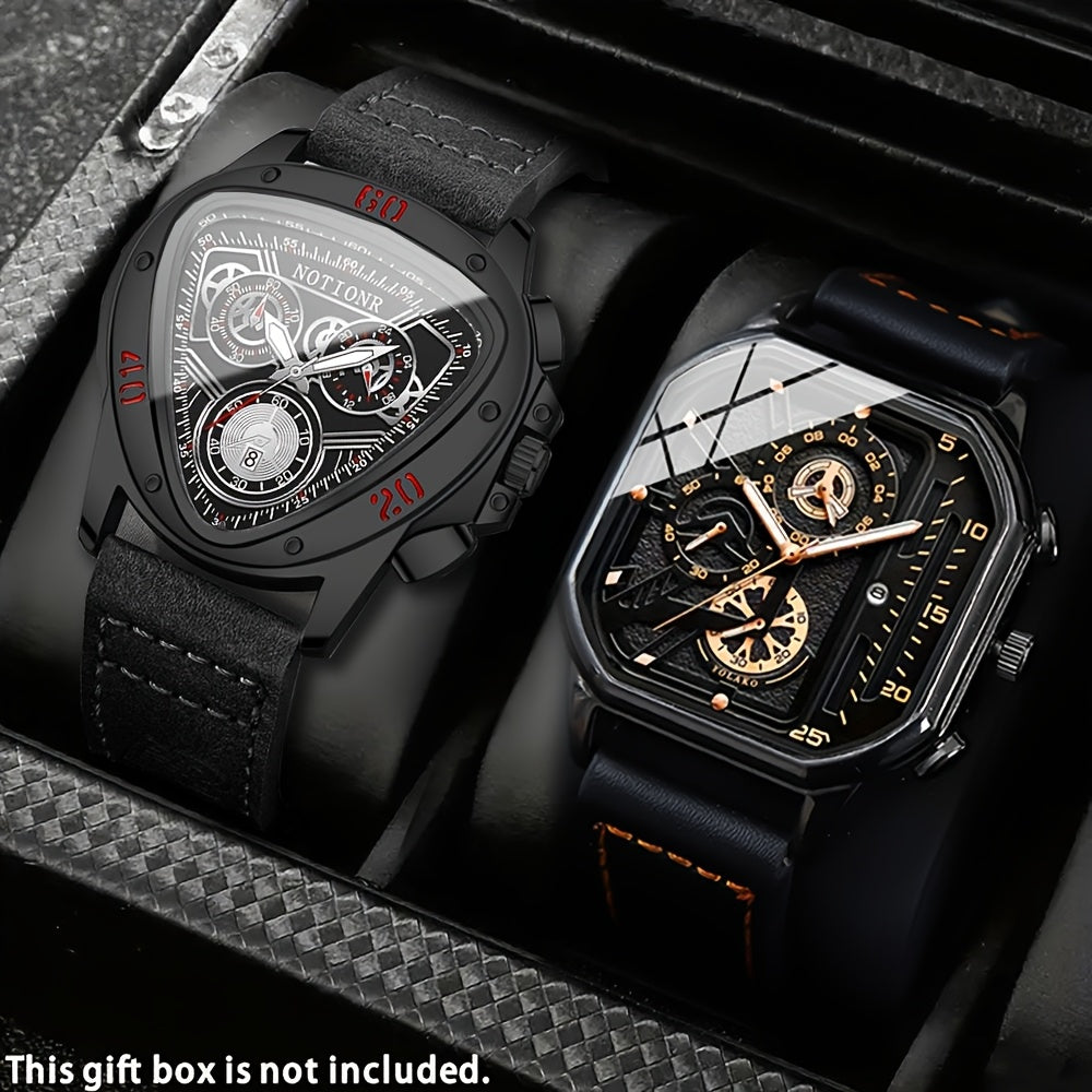 2pcs Men's Watch Set Sports Triangle Dial Silicone Strap and Retro Square Dial Quartz Watches with Date Display Dress Watch for Casual Valentine's Father's Day Gift