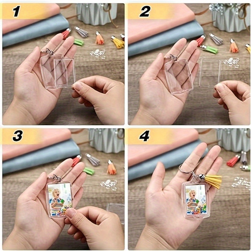150PCS Acrylic Photo Frame Keychain Blanks with Colorful Tassels – Snap-In Clear Picture Keyring Set for DIY Crafts, Bulk Custom Keychains, Party Favors & Gifts