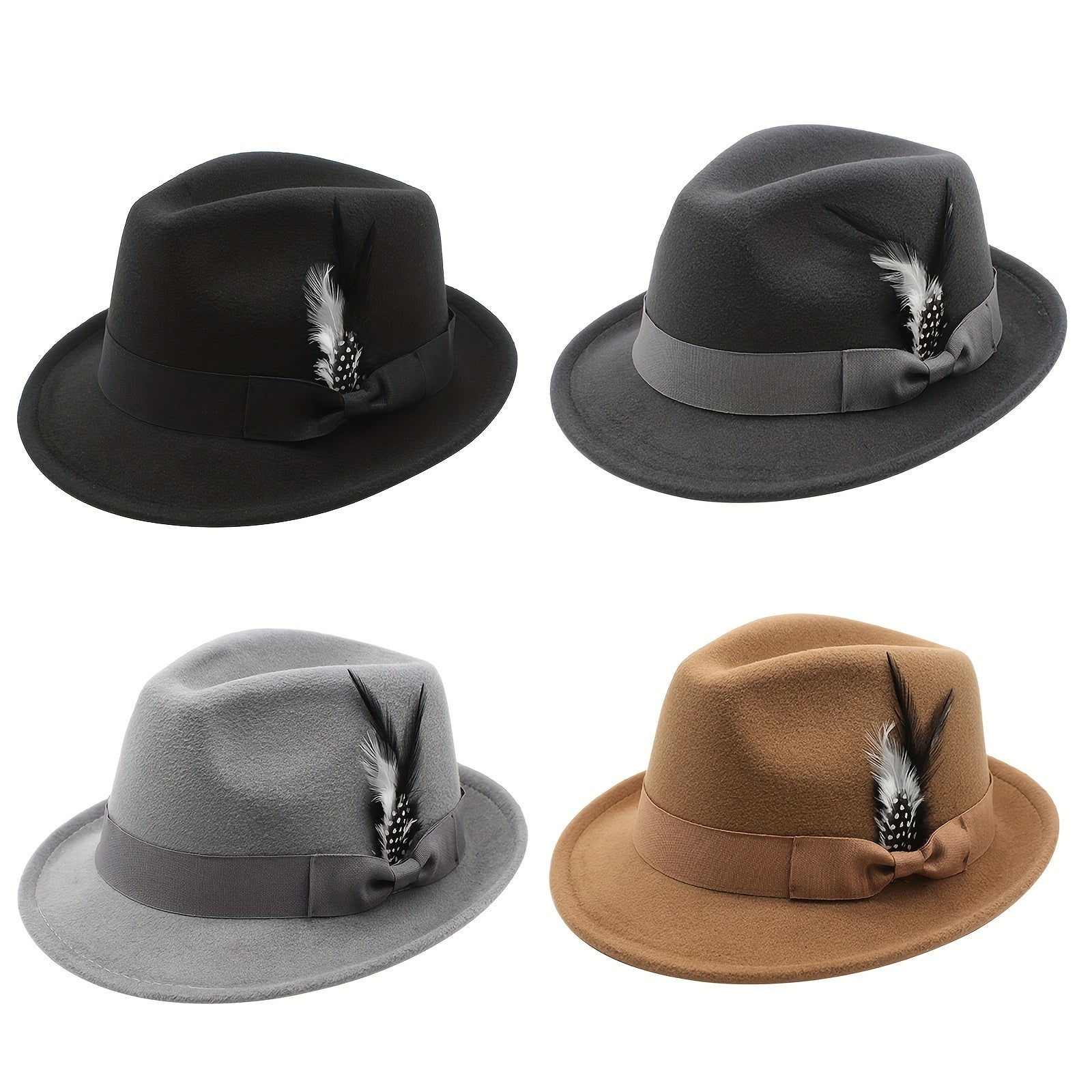 Short Brim Felt Fedora Hat for Men & Women – Classic Feather Panama Dress Hat in 7 Colors, Black Brown Navy Red Gray Coffee, Unisex Jazz Cap for Formal Casual Daily Wear