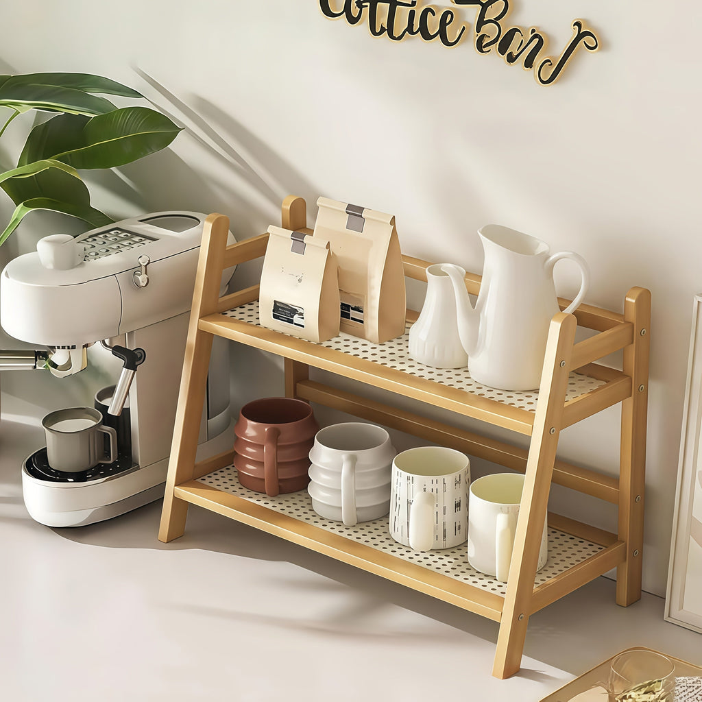 2-Tier Wooden Countertop Shelf Organizer Vintage Trapezoidal Design, Bamboo Desktop Storage Rack for Kitchen Office Bedroom, Space-Saving Counter Shelf for Coffee Cups Books Decor – 1 or 2 Pack, Large & Medium