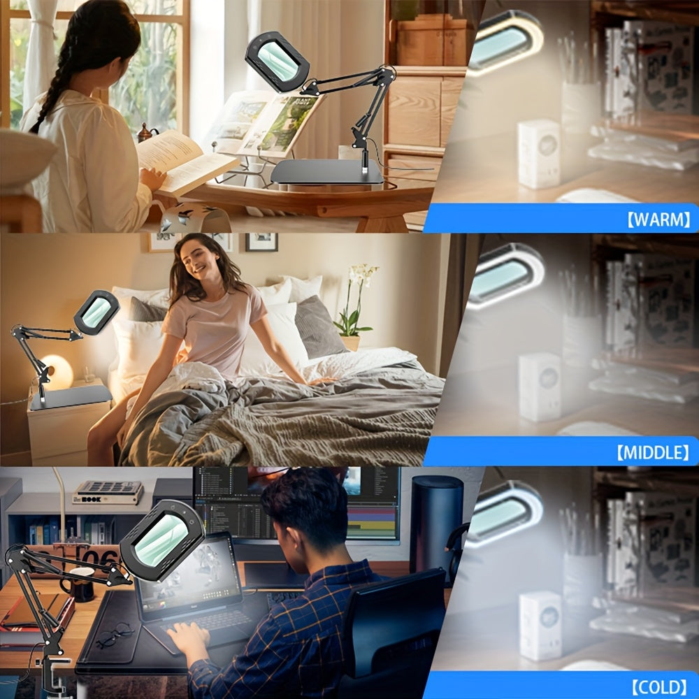 15X Magnification LED Magnifying Glass Lamp with Adjustable Arm & Clamp Base – Dimmable 3-Color Light, USB-Powered Desk Magnifier for Reading, Crafts, Manicure, Sewing & Precision Work (Black/White)