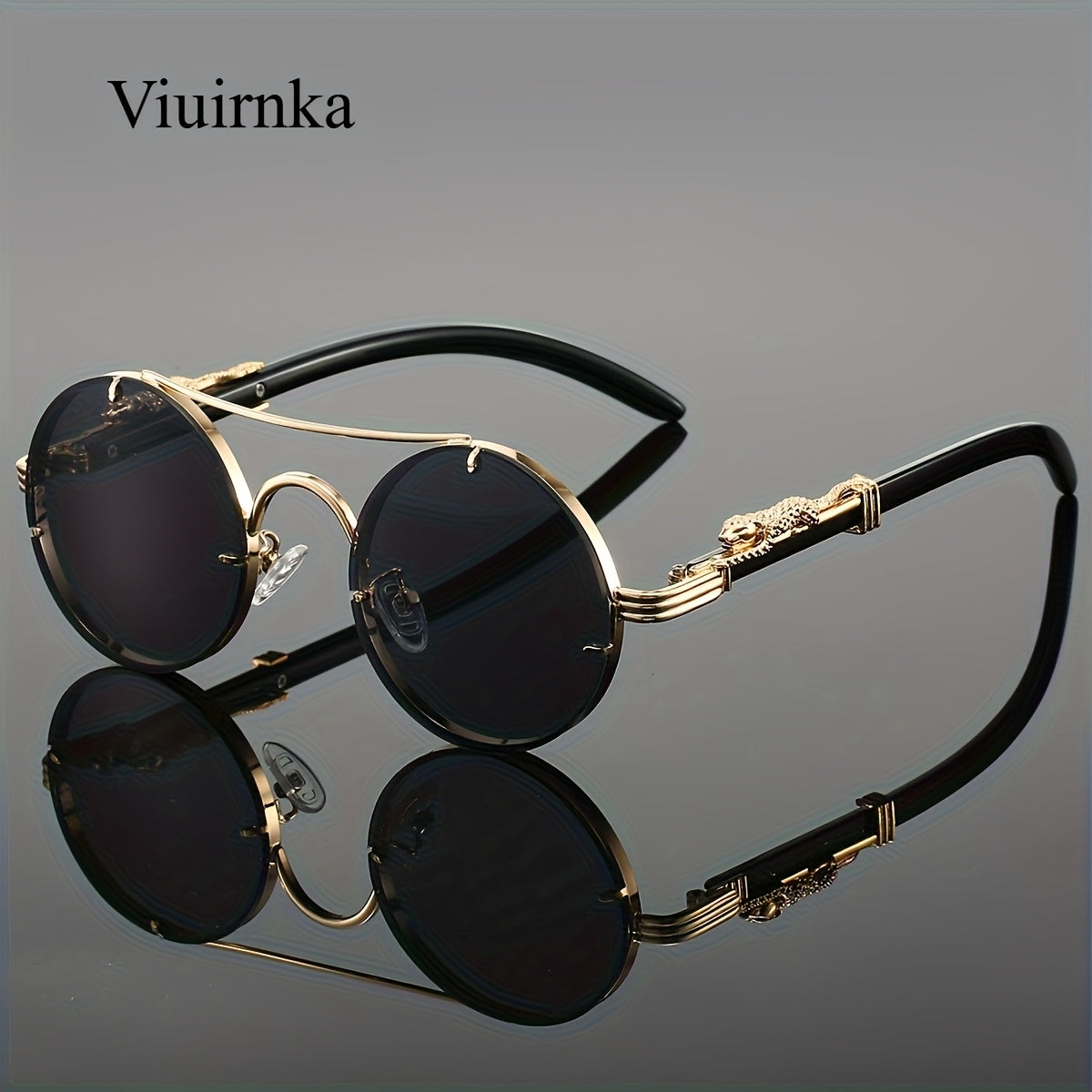 Round Metal Frame Sunglasses with Gradient PC Lenses Double Bridge Leopard Hinges Unisex Trendy Eyewear with Protection Case for Women and Men Vacation Street Style