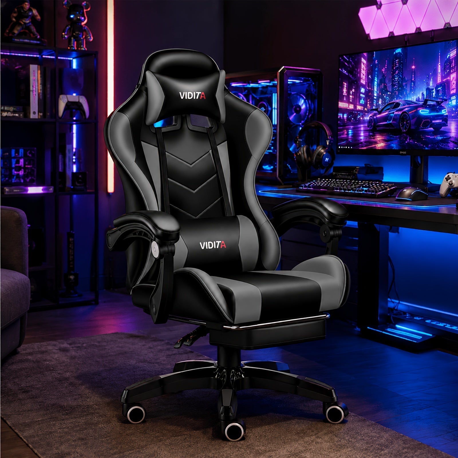 Ergonomic Gaming Chair Racing Style High Back Lumbar Support Five-Wheel Swivel Velvet PU Leather Adjustable Recliner Office Chair Adults Teens Multi-Color
