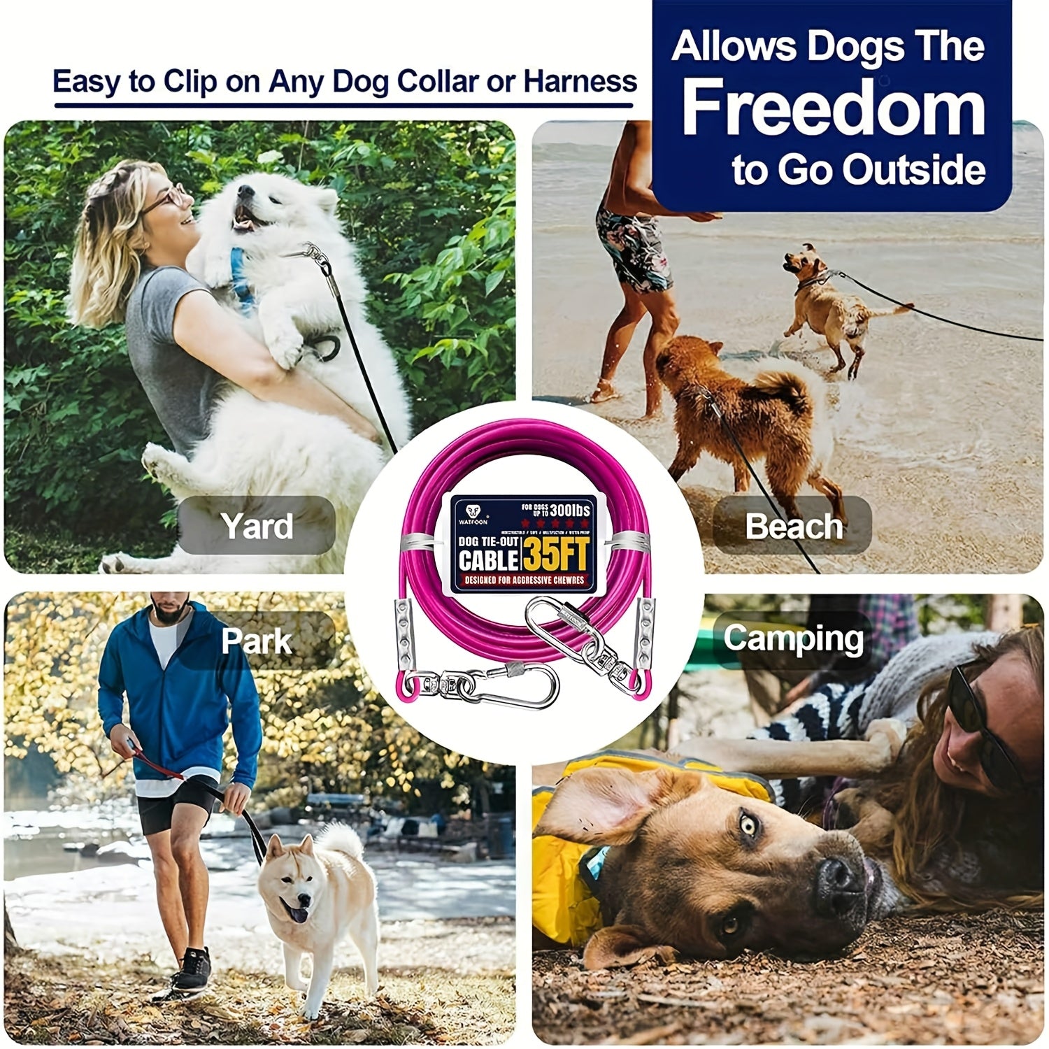 Heavy Duty Dog Tie-Out Cable for Large Dogs Up to 300 LBS Coated Steel Wire Yard Runner Leash with 360 Degree Swivel Hooks Outdoor Dog Run Cable for Backyard Camping in Blue Magenta Black S M L