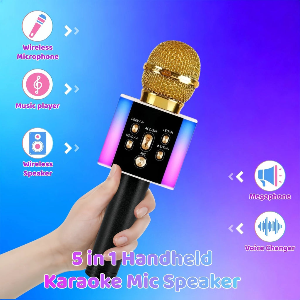 5-in-1 Wireless Karaoke Microphone with Built-In Speaker, LED Lights & Voice Changer – Portable Bluetooth Singing Mic for Parties, Family Gatherings, Travel & Outdoor Fun, 10 Colors
