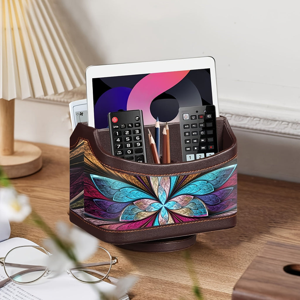 360 Swivel Remote Control Holder 5-Compartment PU Leather Desk Organizer for TV Remotes Phones Eyeglasses Pens Rotating Desktop Storage Caddy