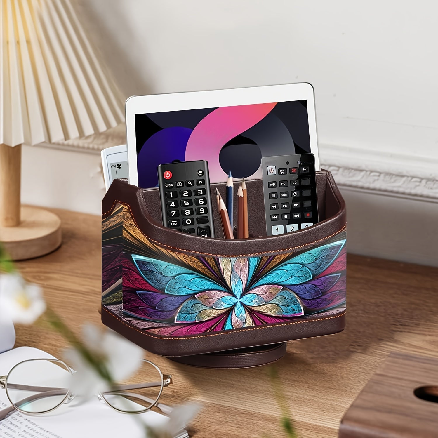 360 Swivel Remote Control Holder 5-Compartment PU Leather Desk Organizer for TV Remotes Phones Eyeglasses Pens Rotating Desktop Storage Caddy
