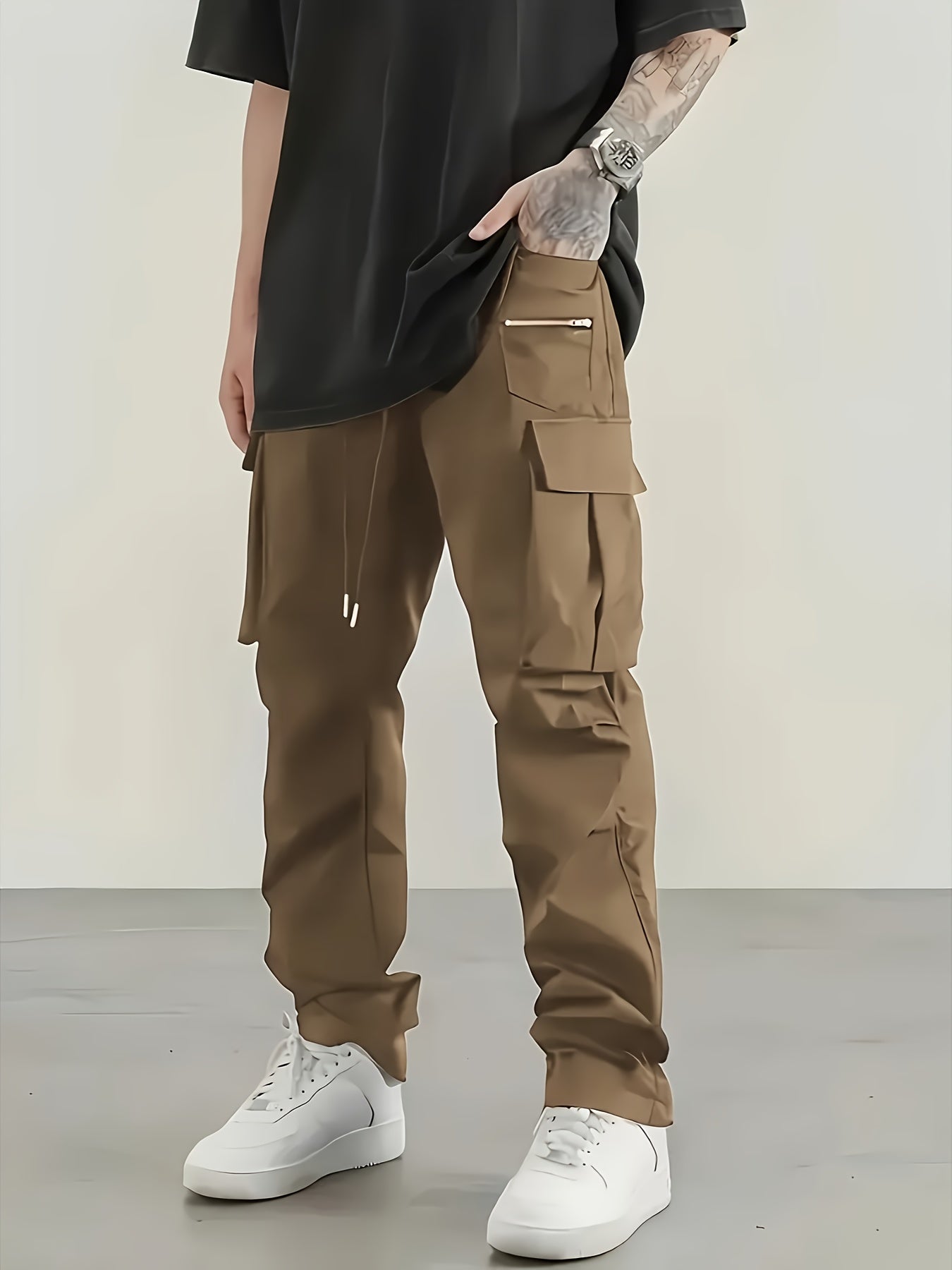 Men's Cargo Pants 2-Pack Multi-Pocket Elastic Waist Drawstring Hiking Trousers Breathable Loose Straight Fit All Season Black Khaki Dark Grey Sizes S-XXL