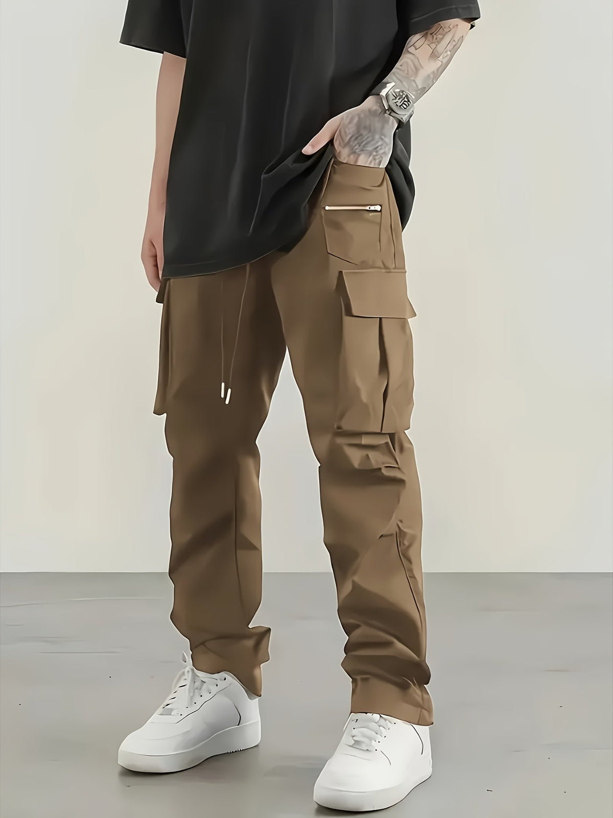 Men's Cargo Pants 2-Pack Multi-Pocket Elastic Waist Drawstring Hiking Trousers Breathable Loose Straight Fit All Season Black Khaki Dark Grey Sizes S-XXL