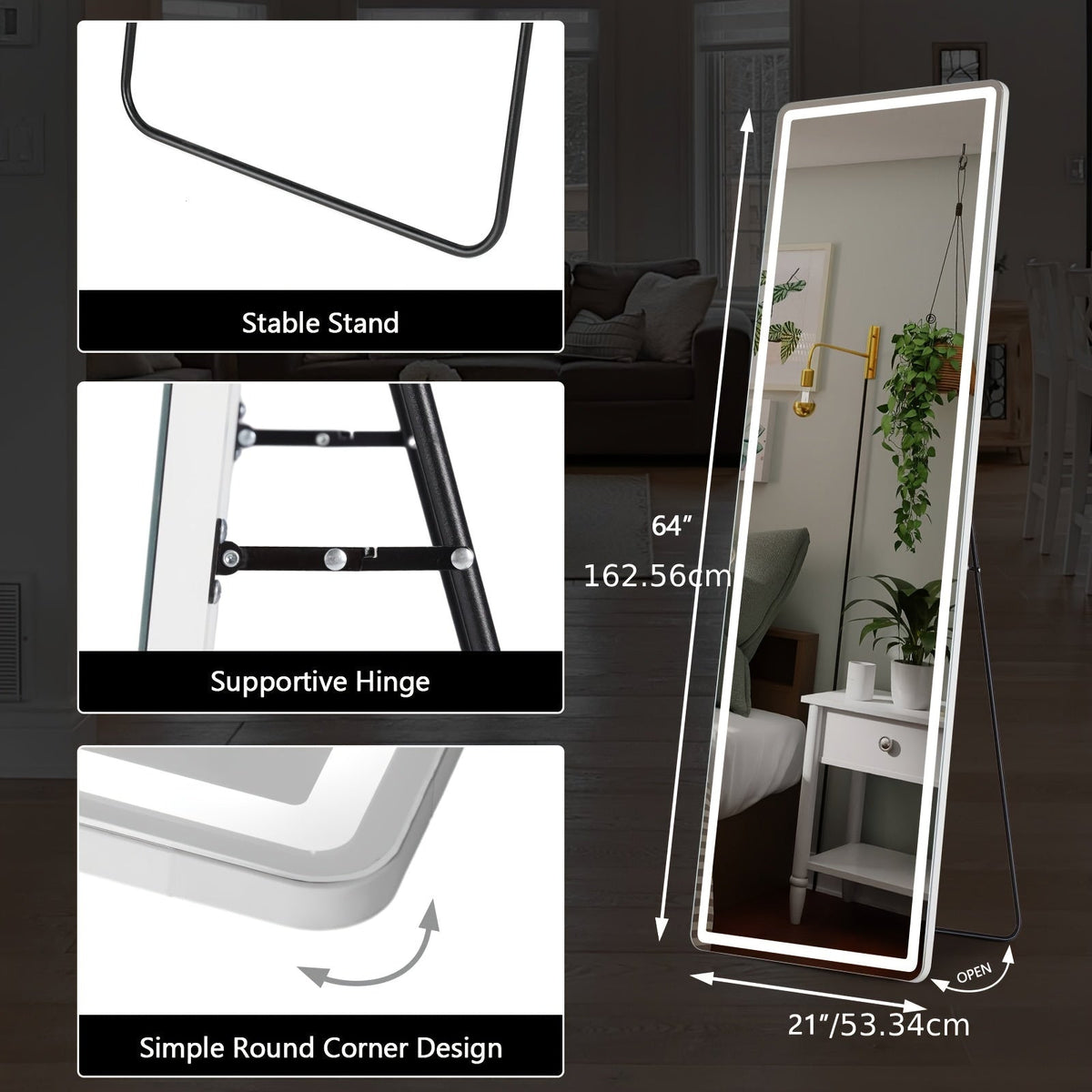 Full Length Floor Mirror with LED Lights - Arched & Rectangle Top, Aluminum Frame, 71" Standing Dressing Mirror for Bedroom & Living Room, Black Gold White, 5mm Tempered Glass