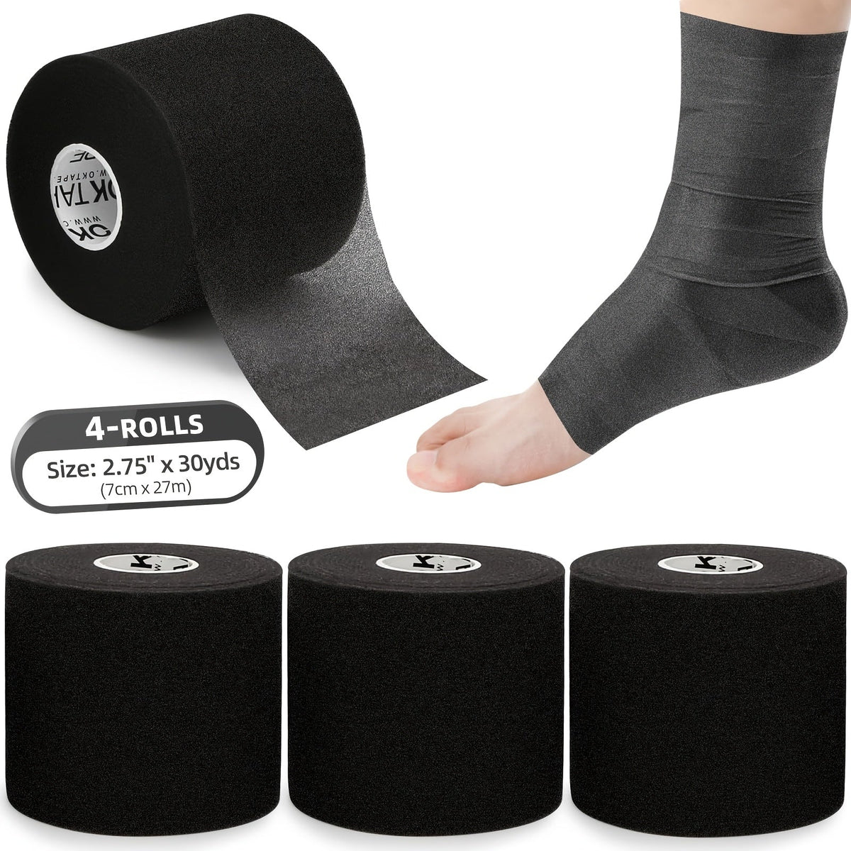 Athletic Pre Wrap Tape 4-Rolls Foam Underwrap for Sports – Protect Ankles Wrists Hands Knees, 2.75" x 30 Yards Each, OK TAPE Multi-Sport Joint Protection