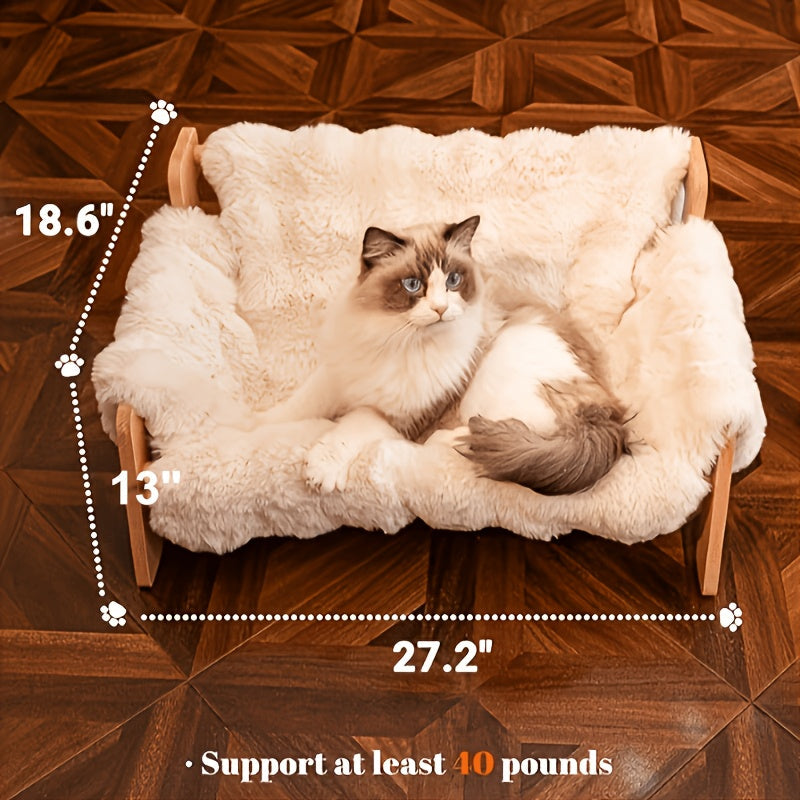 Elevated Pet Sofa Bed Solid Wood Frame Bamboo Mat Replaceable Fleece Mattress Modern Lounge Chair for Small Medium Dogs Cats Gray White Bamboo Style