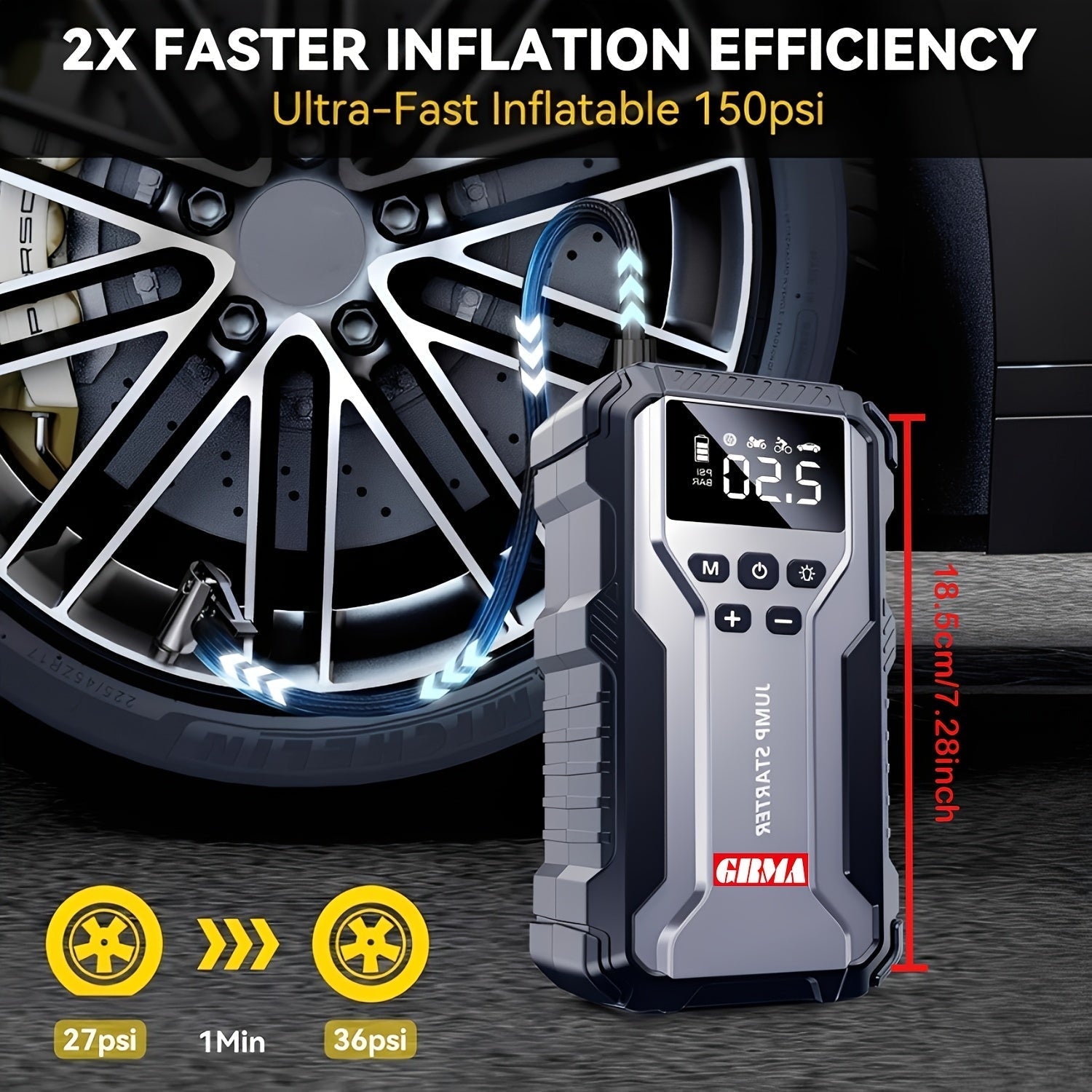 Portable Car Jump Starter 7 in 1 with 150PSI Air Compressor Digital Display Emergency Power Bank LED Flashlight for Gas Diesel Engines Car Battery Booster Pack with Air Pump Tire Inflator