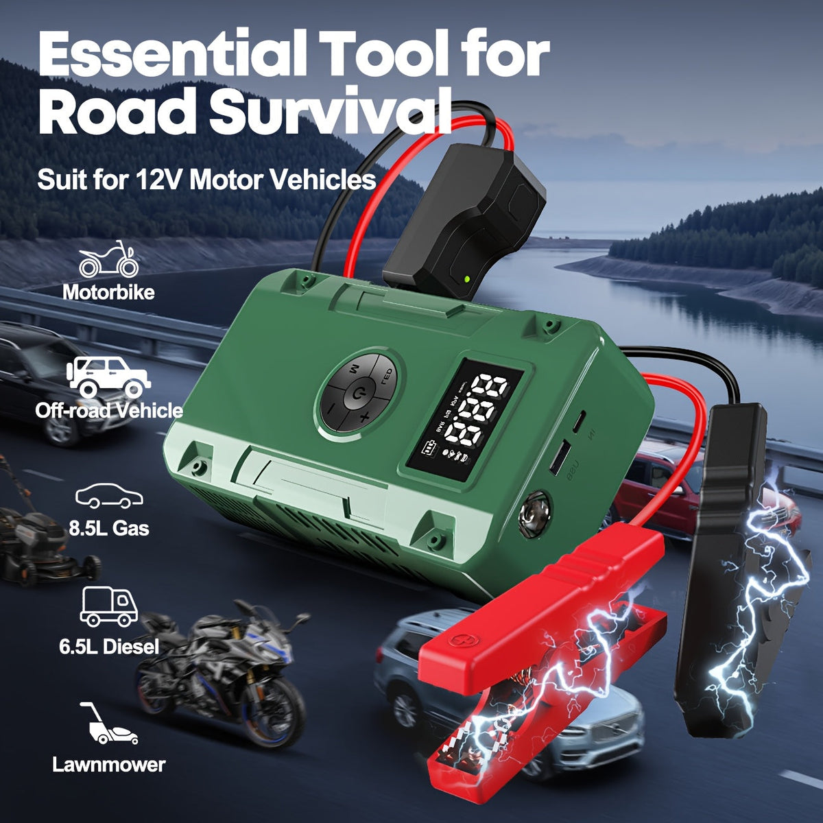 10000A Car Jump Starter 7-in-1 with 150PSI Air Pump – Portable Battery Booster for Gas Up to 10L & Diesel Up to 8L, Power Bank, Vehicle Emergency Kit