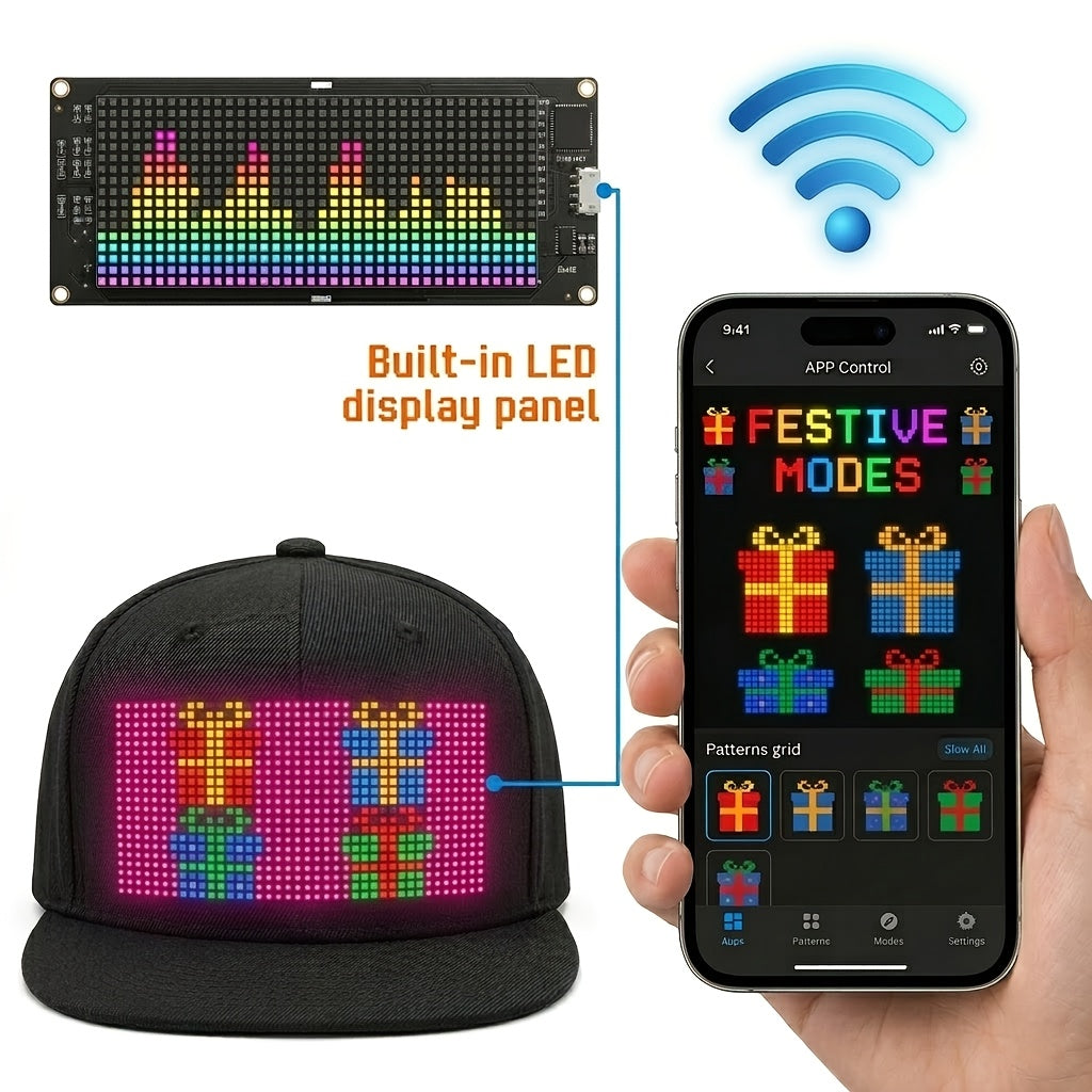 Programmable LED Hat APP Controlled Scrolling Text & Animation – Unisex Adjustable Smart Light Up Baseball Cap for Party Wedding Valentine's Day Carnival Festival in 3 Pixel Options