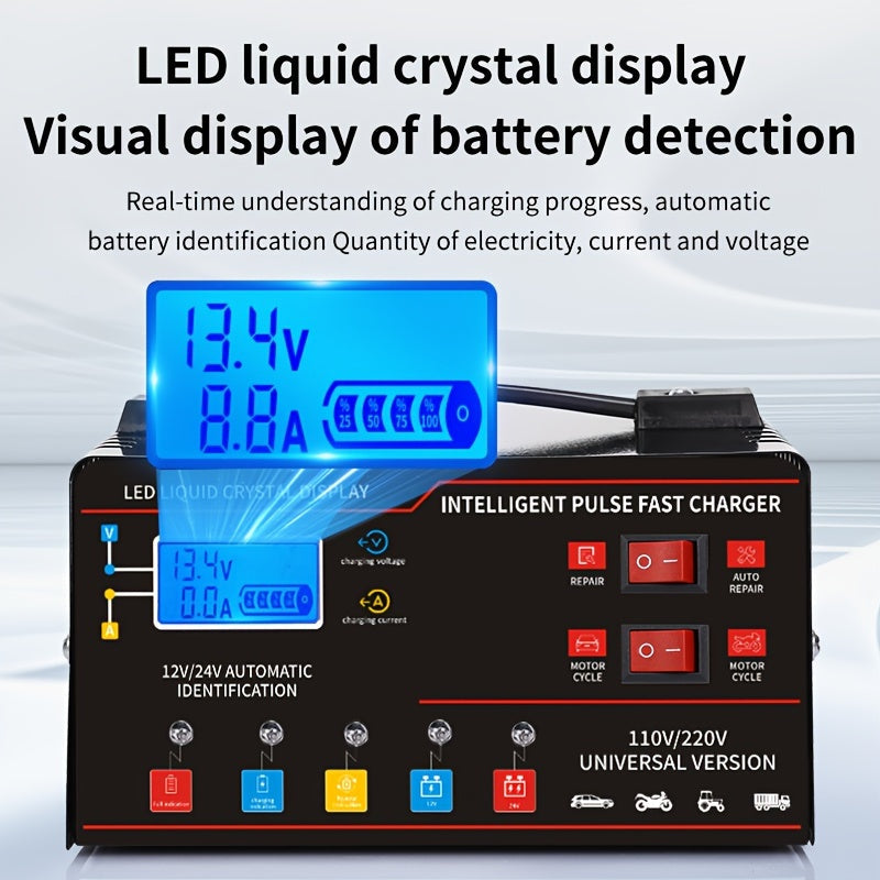 Smart Universal Battery Charger 12V 24V with LCD Screen Pulse Repair Trickle Maintainer for Car Truck Motorcycle Boat Lawn Mower Harvester – Automatic Temperature Regulation