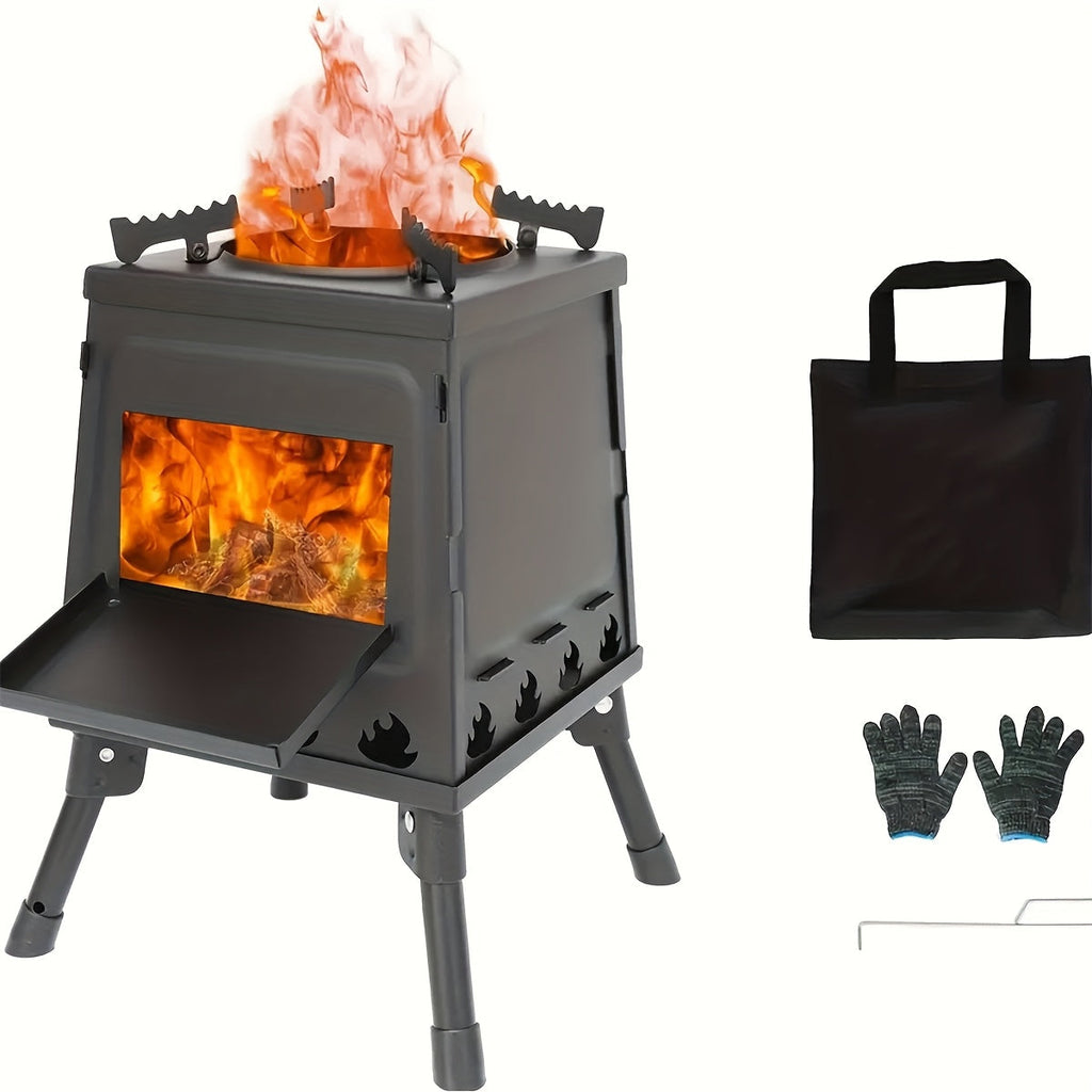 Portable Wood Burning Camp Stove with BBQ Scissors - Lightweight Outdoor Hiking Cookstove & Picnic Grill Set for Travel Camping