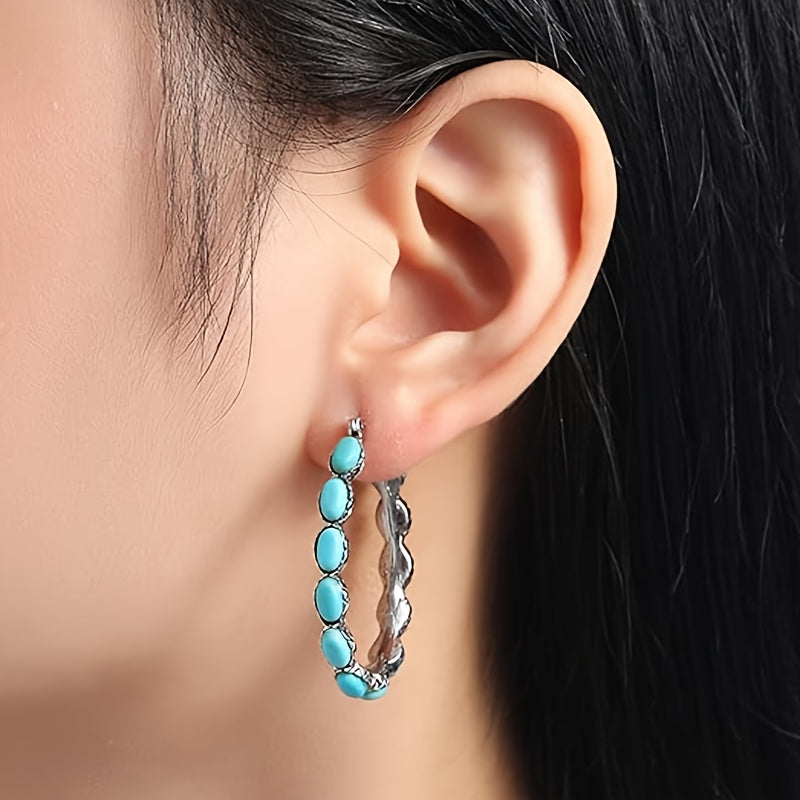 925 Sterling Silver Turquoise Stud Earrings for Women – Bohemian Retro Hypoallergenic Gemstone Studs Daily Wear Boho Jewelry Gift for Ladies Mother's Day Valentine's Day Birthday Anniversary