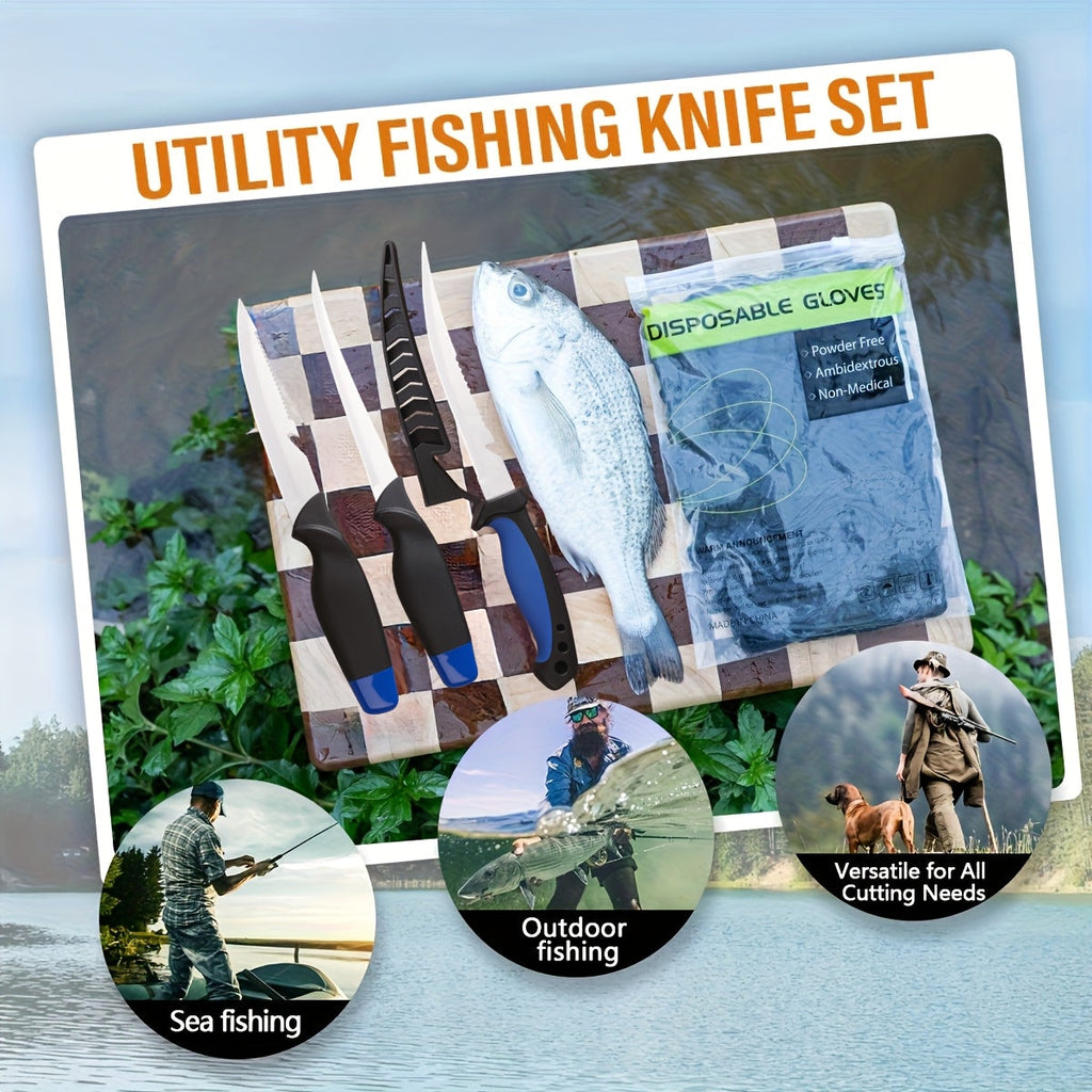 Fishing Knife Set 3 Piece Stainless Steel Fillet Boning Gutting Knives for Anglers & Campers – Includes Cut Resistant Gloves, Line Cutter & Cord, Unique Fishing Gift for Men & Dad